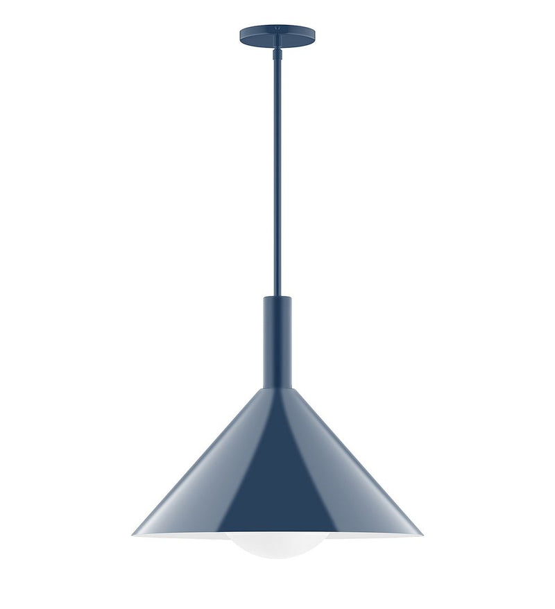 Navy stem-hung pendant with bell shade and frosted glass globe