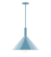 Light blue stem-hung pendant lamp with flared shade and ceiling canopy