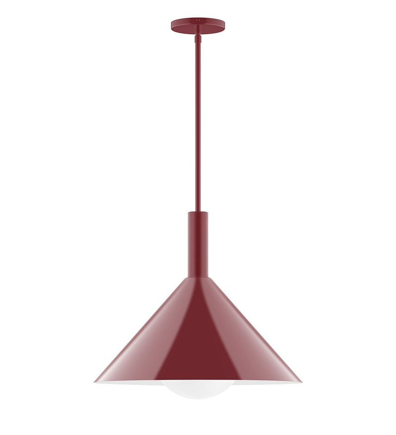 Stem-hung pendant light with barn red stem and tapered shade, 18 in
