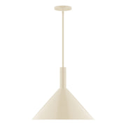 Cream stem-hung LED pendant with bell-shaped shade and central rod.