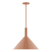 Terracotta LED stem-hung pendant with bell-shaped shade and round ceiling canopy.