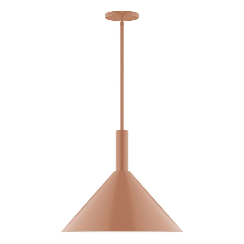 Terracotta LED stem-hung pendant with bell-shaped shade and round ceiling canopy.