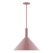 Mauve LED stem-hung pendant light with bell shade and round ceiling canopy