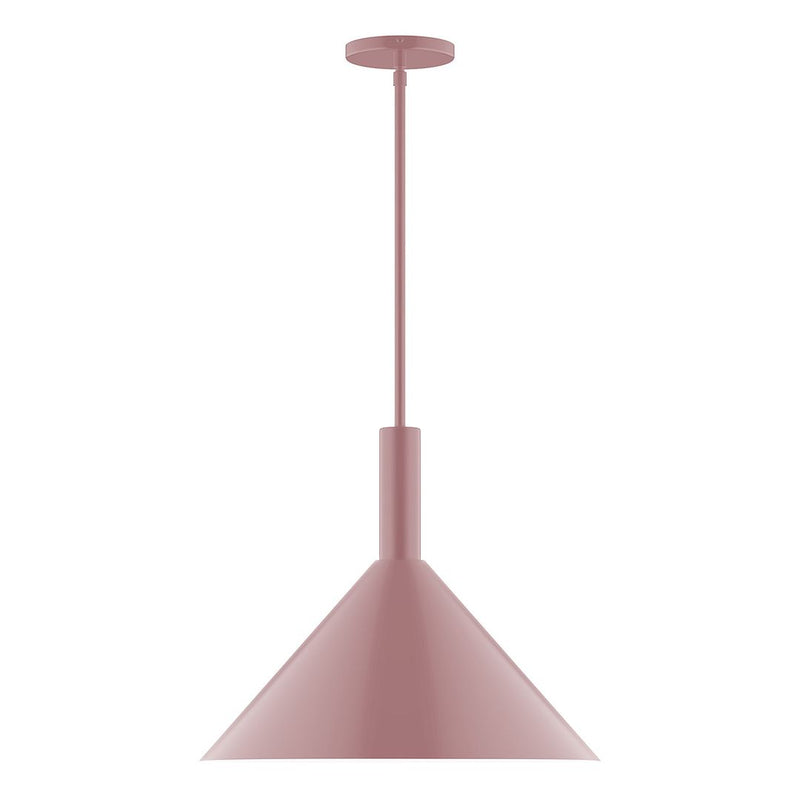 Mauve LED stem-hung pendant light with bell shade and round ceiling canopy