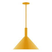 Bright yellow LED stem-hung pendant with conical shade and ceiling canopy.