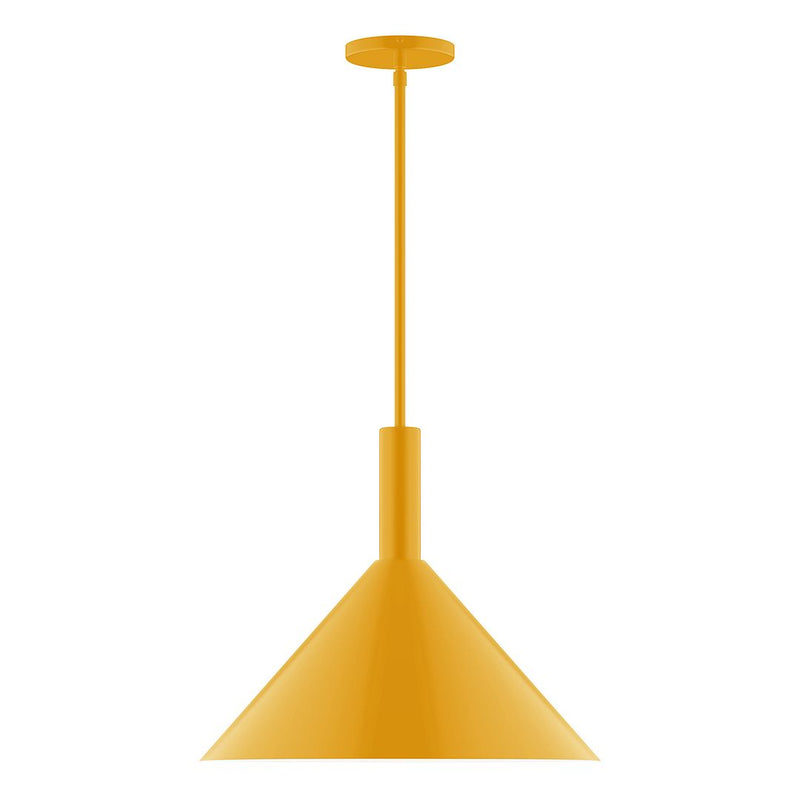 Bright yellow LED stem-hung pendant with conical shade and ceiling canopy.