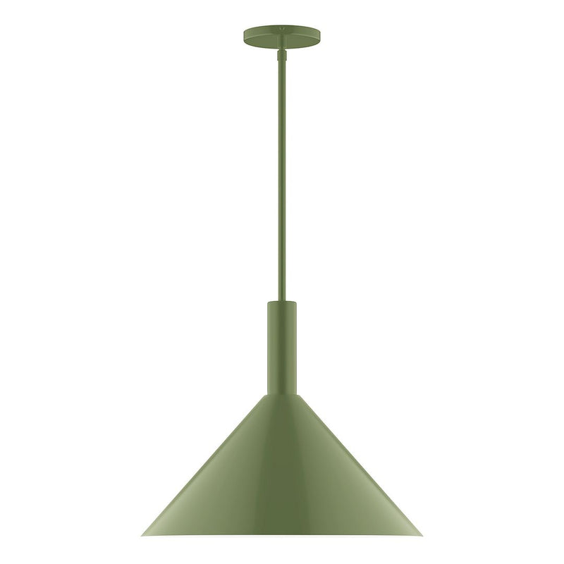 Fern green stem-hung LED pendant with bell-shaped shade and round ceiling canopy