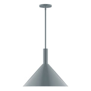 Slate gray LED stem-hung pendant with conical shade and round ceiling canopy.