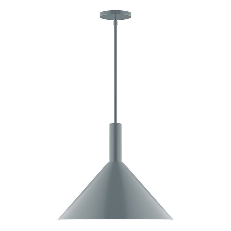 Slate gray LED stem-hung pendant with conical shade and round ceiling canopy.