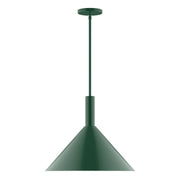 Forest green LED stem-hung pendant with conical shade and round ceiling canopy