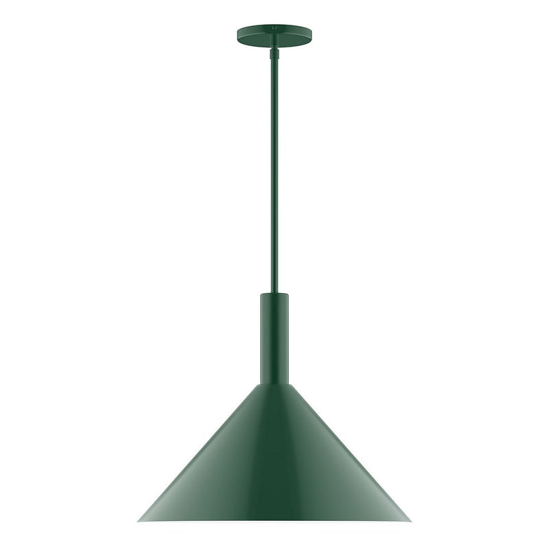 Forest green LED stem-hung pendant with conical shade and round ceiling canopy