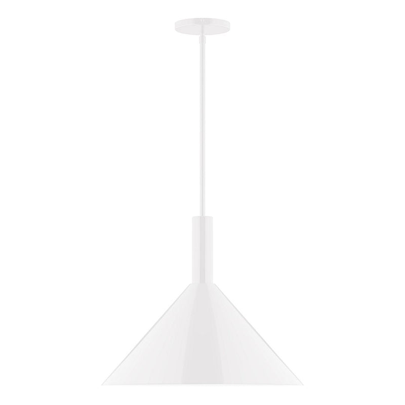White LED stem-hung pendant with bell shade and round ceiling canopy