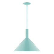 Sea green LED stem-hung pendant with flared bell shade and round ceiling canopy.