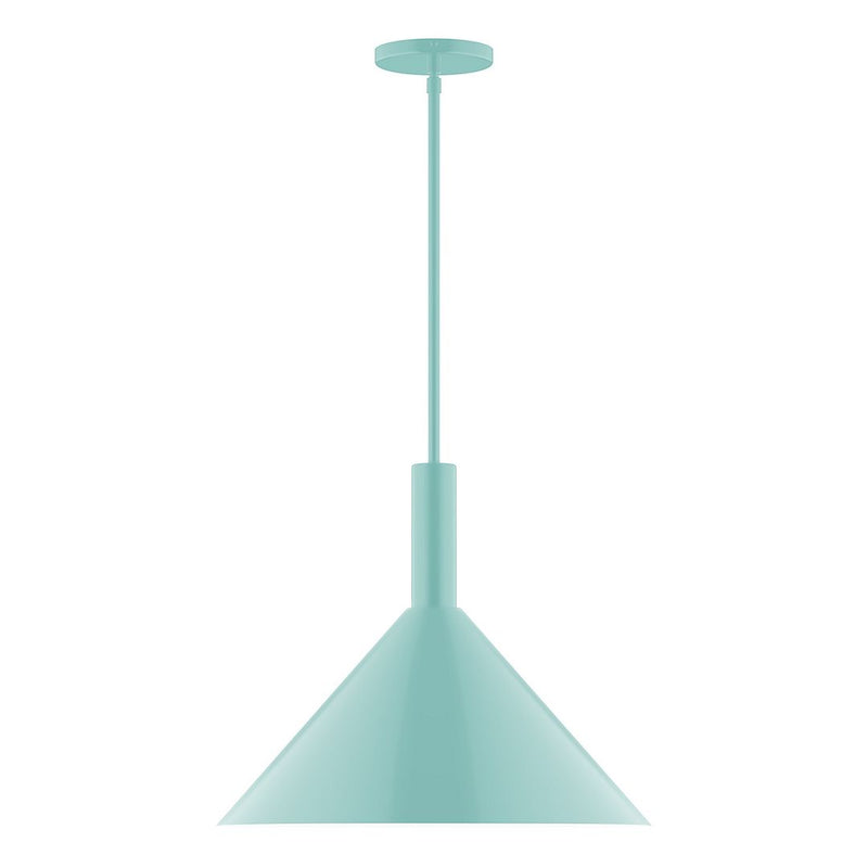 Sea green LED stem-hung pendant with flared bell shade and round ceiling canopy.