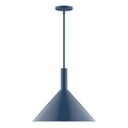 LED stem-hung pendant light with navy conical shade and round ceiling canopy