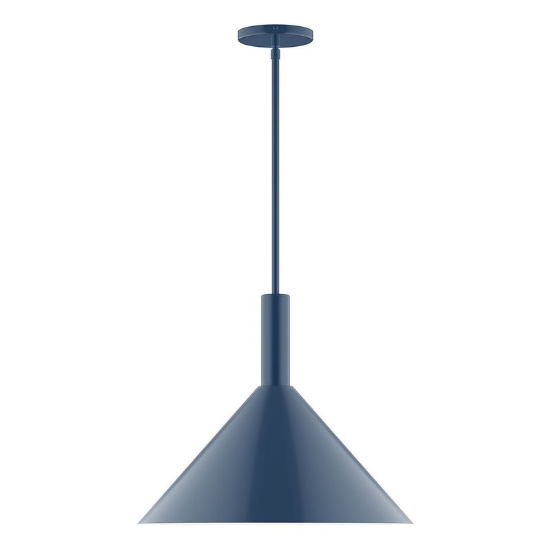 LED stem-hung pendant light with navy conical shade and round ceiling canopy