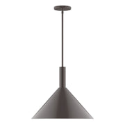 Architectural bronze LED pendant with tapered bell shade, straight stem, and ceiling canopy