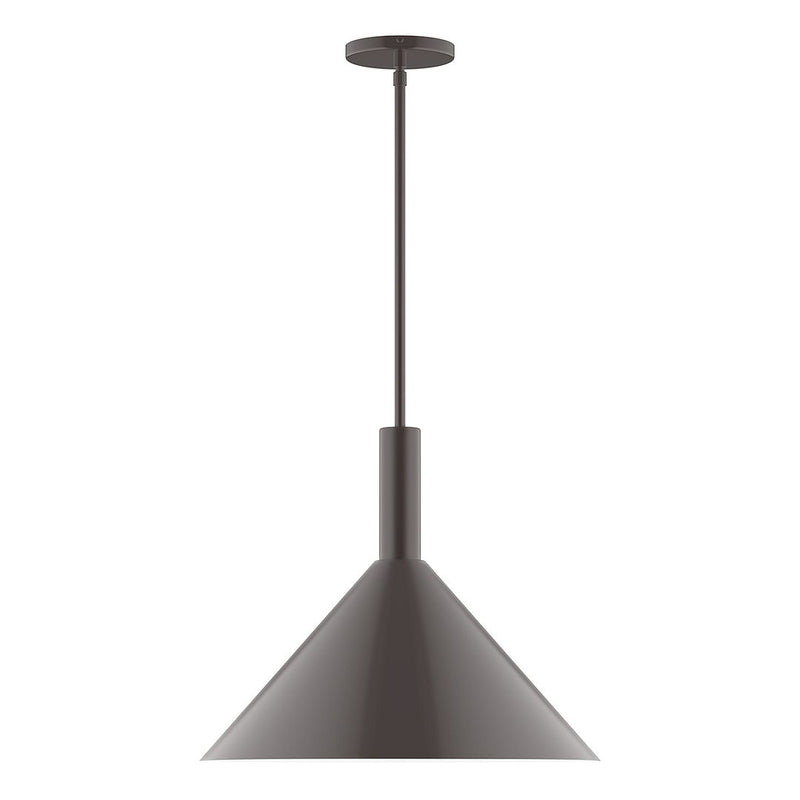 Architectural bronze LED pendant with tapered bell shade, straight stem, and ceiling canopy