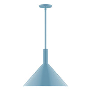 Light blue LED stem hung pendant with conical shade and ceiling canopy