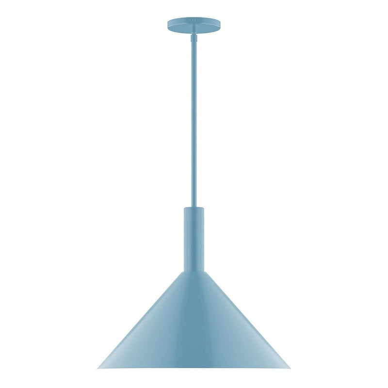 Light blue LED stem hung pendant with conical shade and ceiling canopy