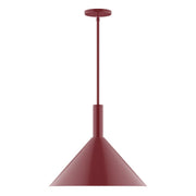 Barn red stem-hung LED pendant with bell-shaped shade and round ceiling canopy