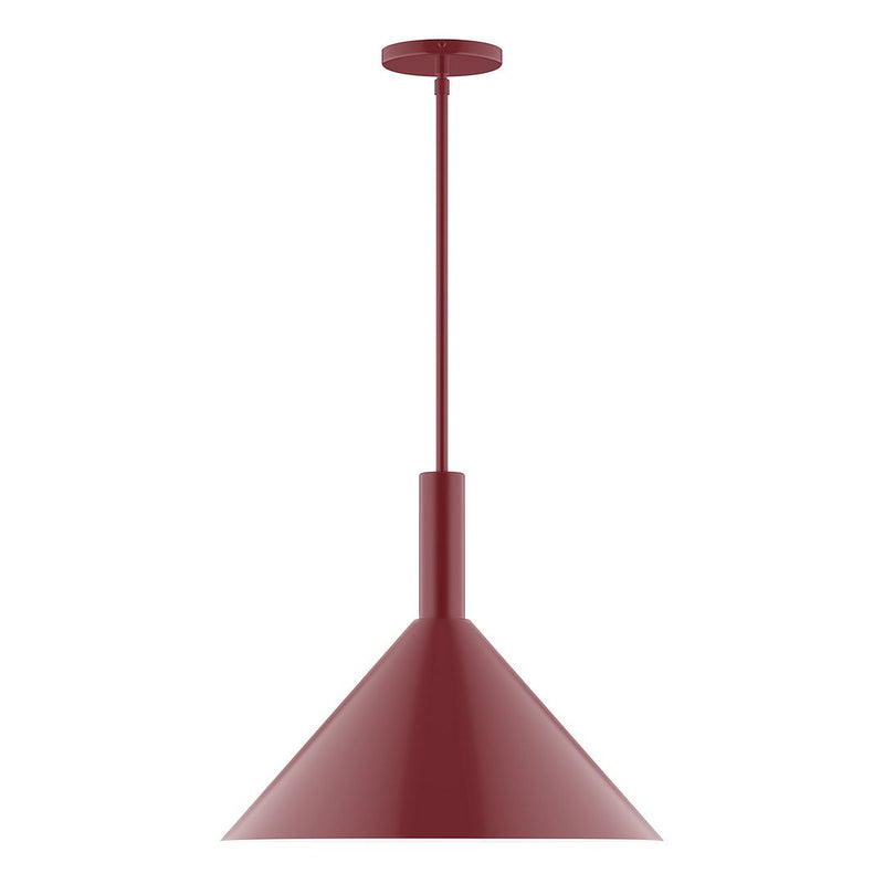 Barn red stem-hung LED pendant with bell-shaped shade and round ceiling canopy