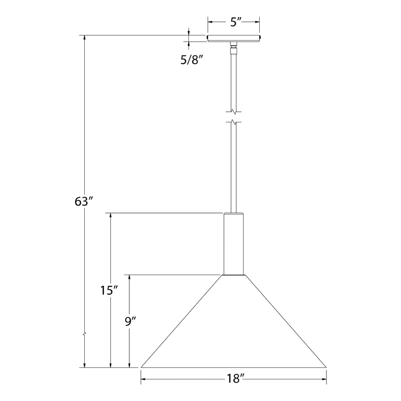 LED stem-hung pendant diagram: 18 in conical shade, 63 in overall height.