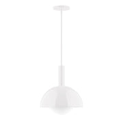 White glass globe stem-hung pendant with cylindrical canopy and domed shade