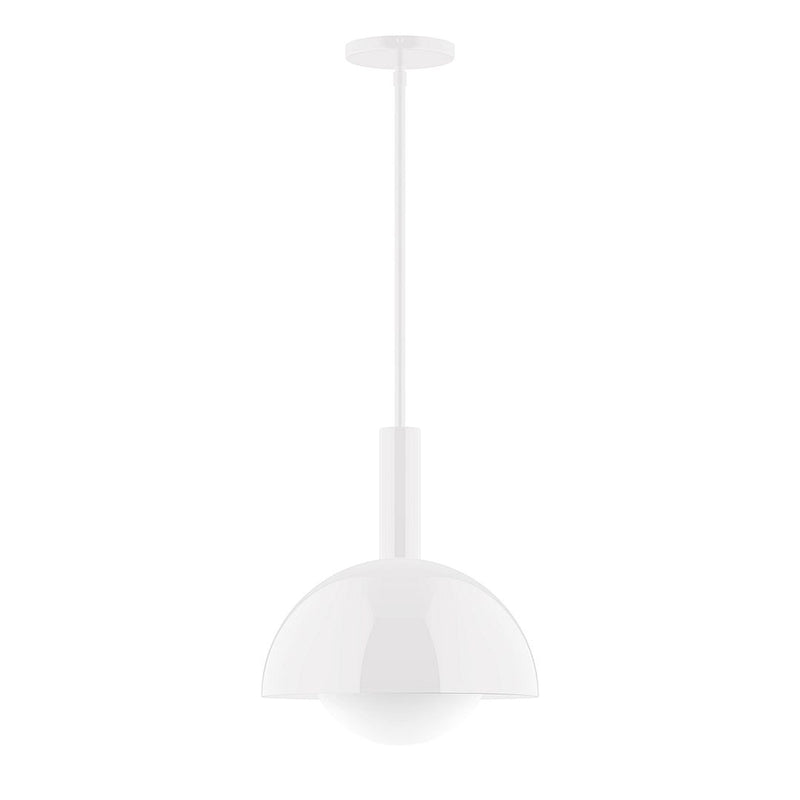 White glass globe stem-hung pendant with cylindrical canopy and domed shade