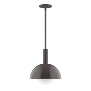 Bronze stem hung pendant with frosted glass globe and round ceiling canopy.