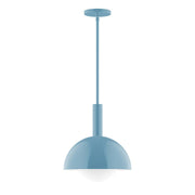 Light blue glass globe pendant light with stem and round ceiling canopy
