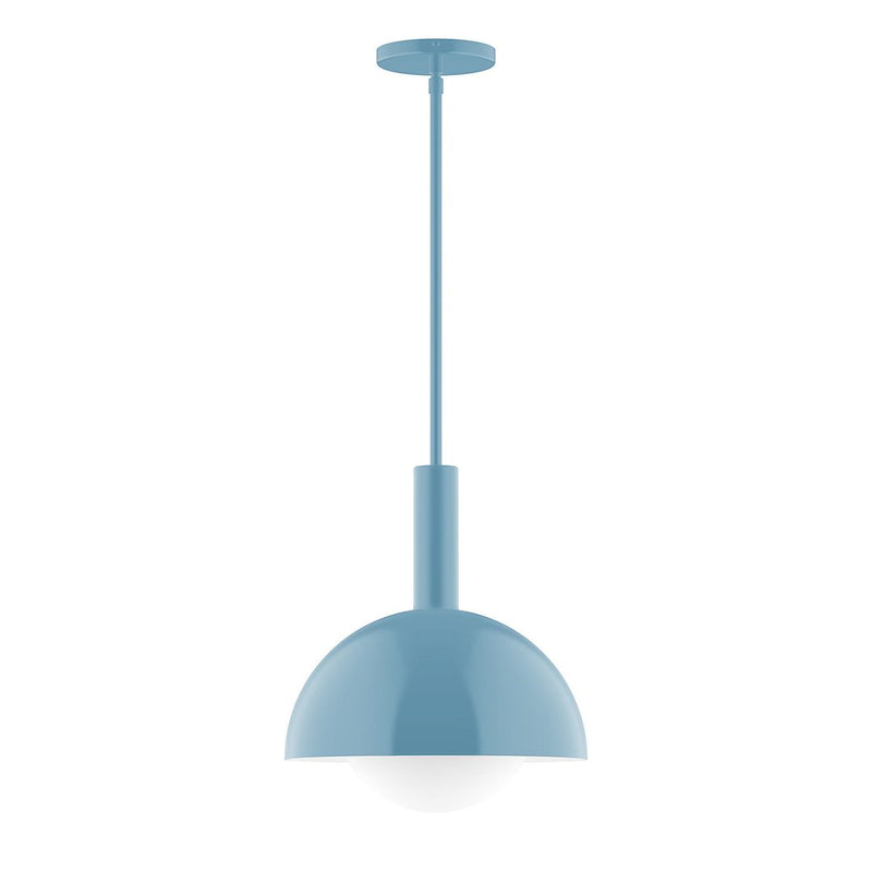 Light blue glass globe pendant light with stem and round ceiling canopy