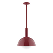 Barn red stem-hung pendant with glass globe shade and round ceiling canopy