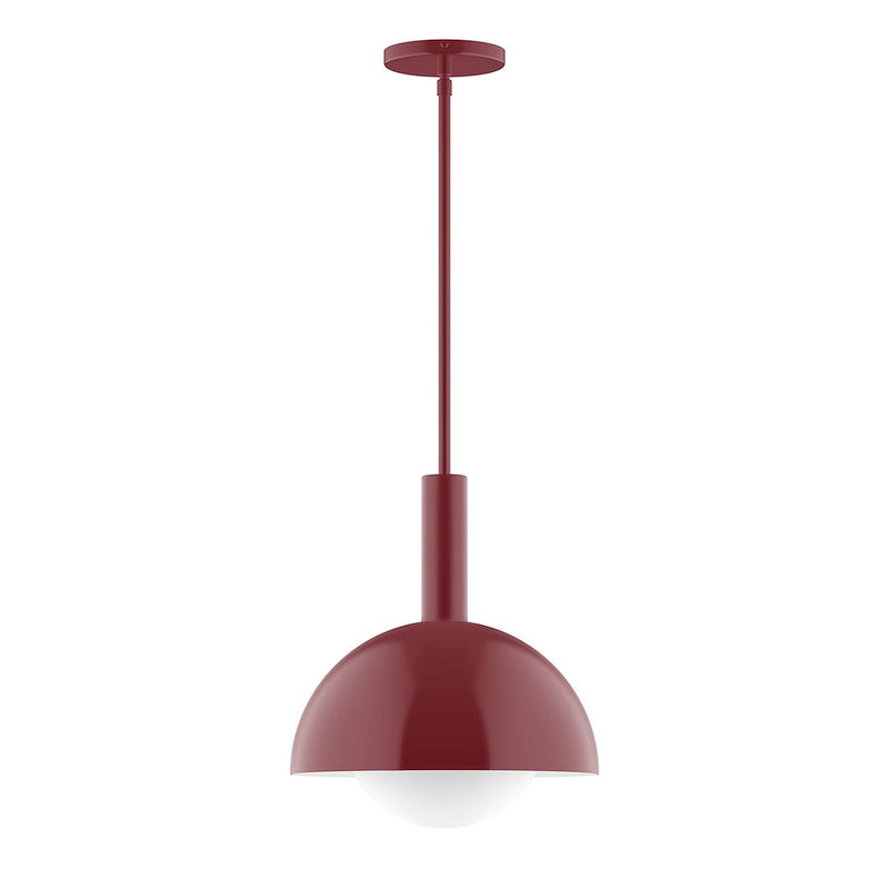 Barn red stem-hung pendant with glass globe shade and round ceiling canopy