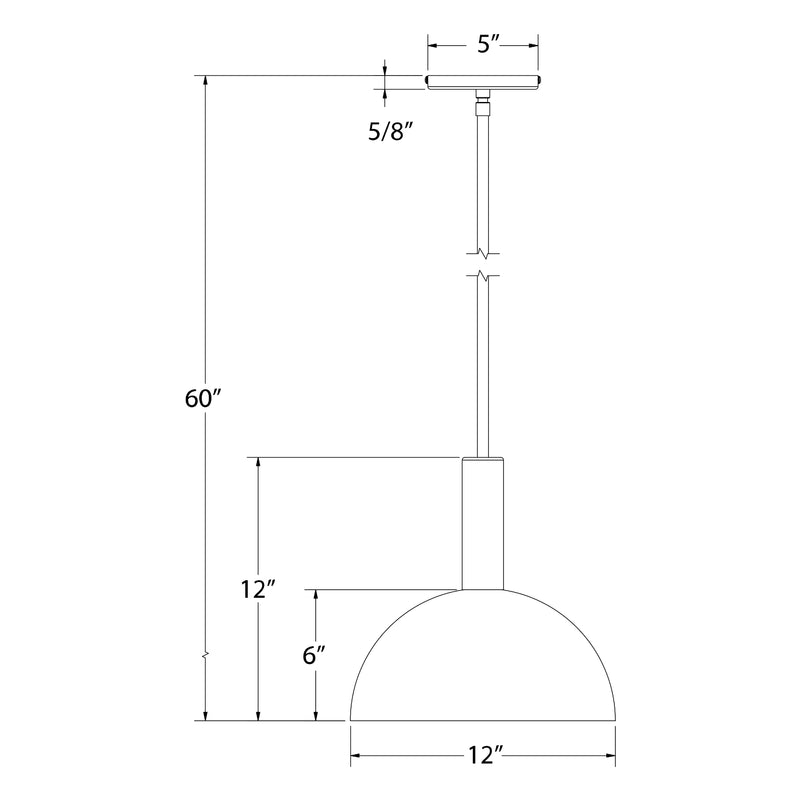 Pendant light dimension diagram: 12in dome shade, 60in stem, 5in mount
