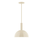 Cream LED stem-hung pendant light with domed glass shade and straight cord stem