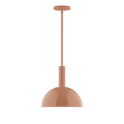 Terracotta stem-hung pendant light with dome shade and round ceiling canopy.