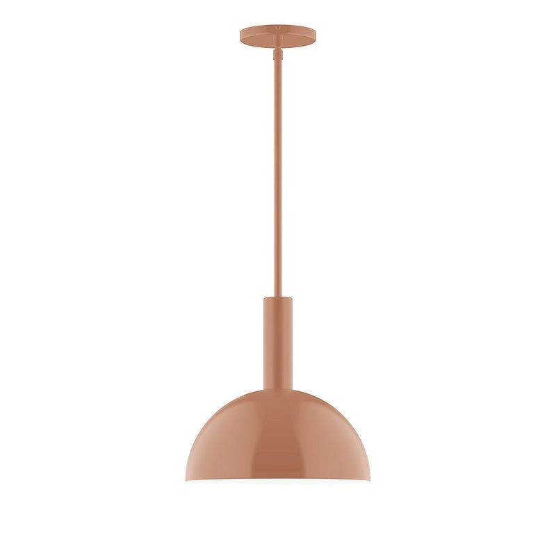 Terracotta stem-hung pendant light with dome shade and round ceiling canopy.