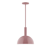 Mauve stem-hung pendant light with domed shade and straight metal stem.