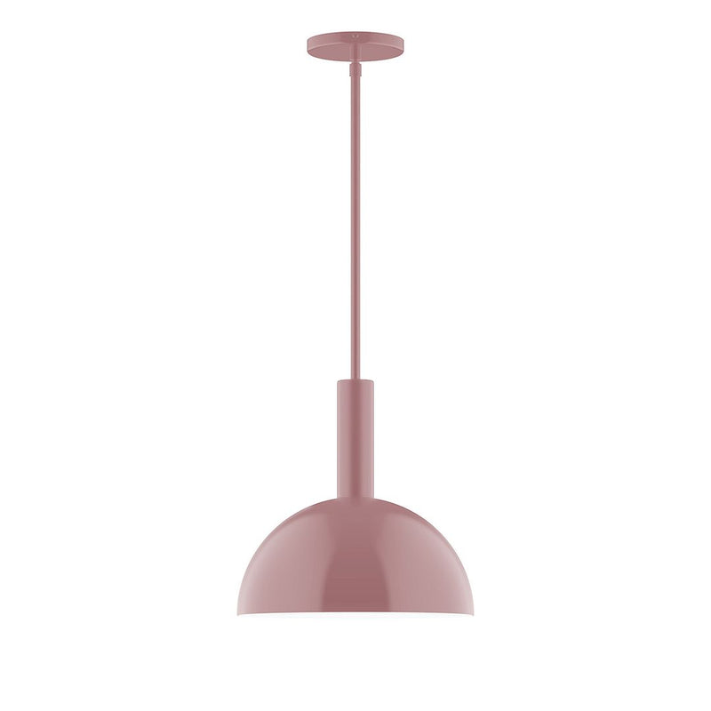 Mauve LED stem-hung pendant with round dome shade and ceiling canopy