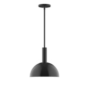 Black stem-hung pendant light with domed shade and round ceiling canopy.