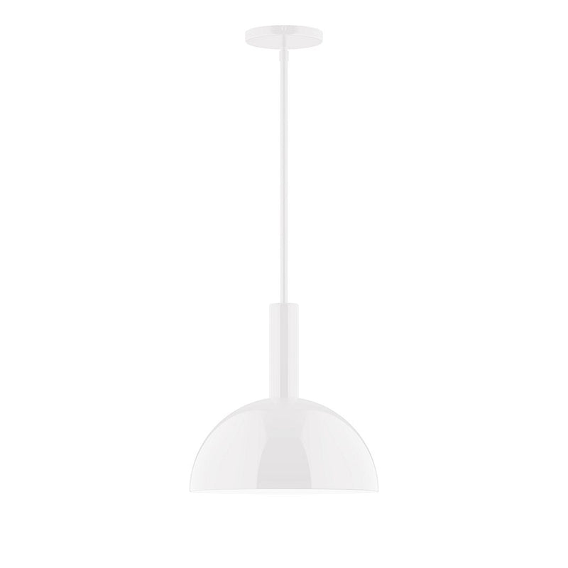 White stem-hung pendant light with dome shade and straight metal stem