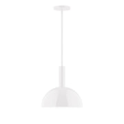 White LED stem pendant with dome shade, suspension rod, and round canopy.