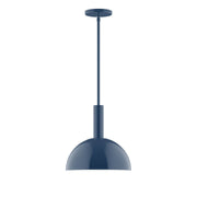 Navy stem-hung pendant light with domed shade and flat ceiling canopy