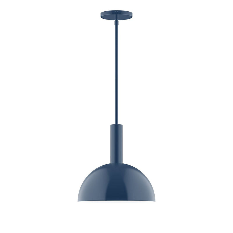 Navy LED stem-hung pendant with domed shade and round ceiling canopy