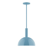 Light blue stem-hung pendant light with round dome shade