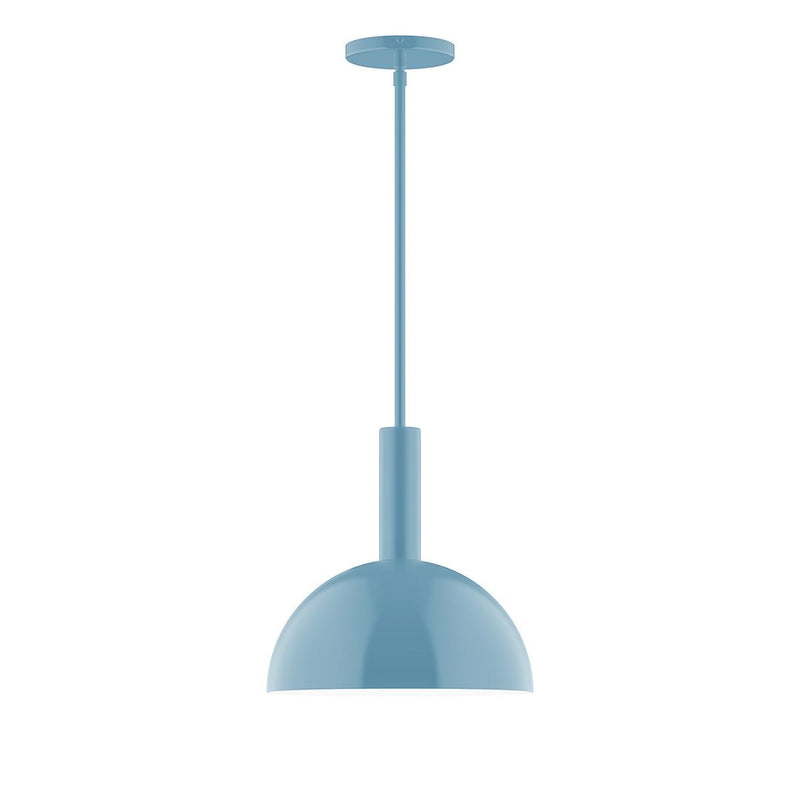 Light blue stem-hung pendant light with round dome shade