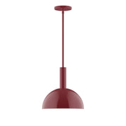 Barn red stem-hung pendant light with dome shade and ceiling canopy