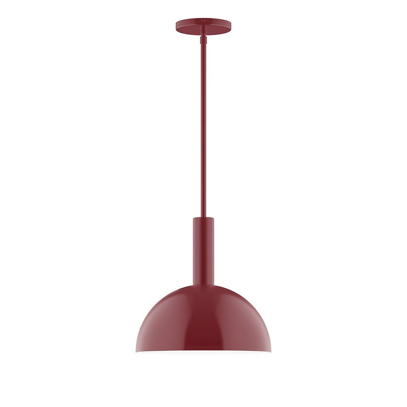 Barn red stem-hung pendant light with dome shade and ceiling canopy