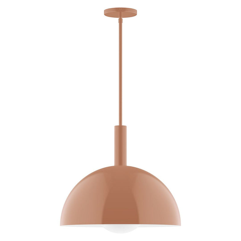 Terracotta glass globe pendant with straight stem and ceiling canopy.
